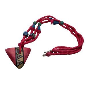 Vintage Retro Large Neon Hot Pink Wood Necklace